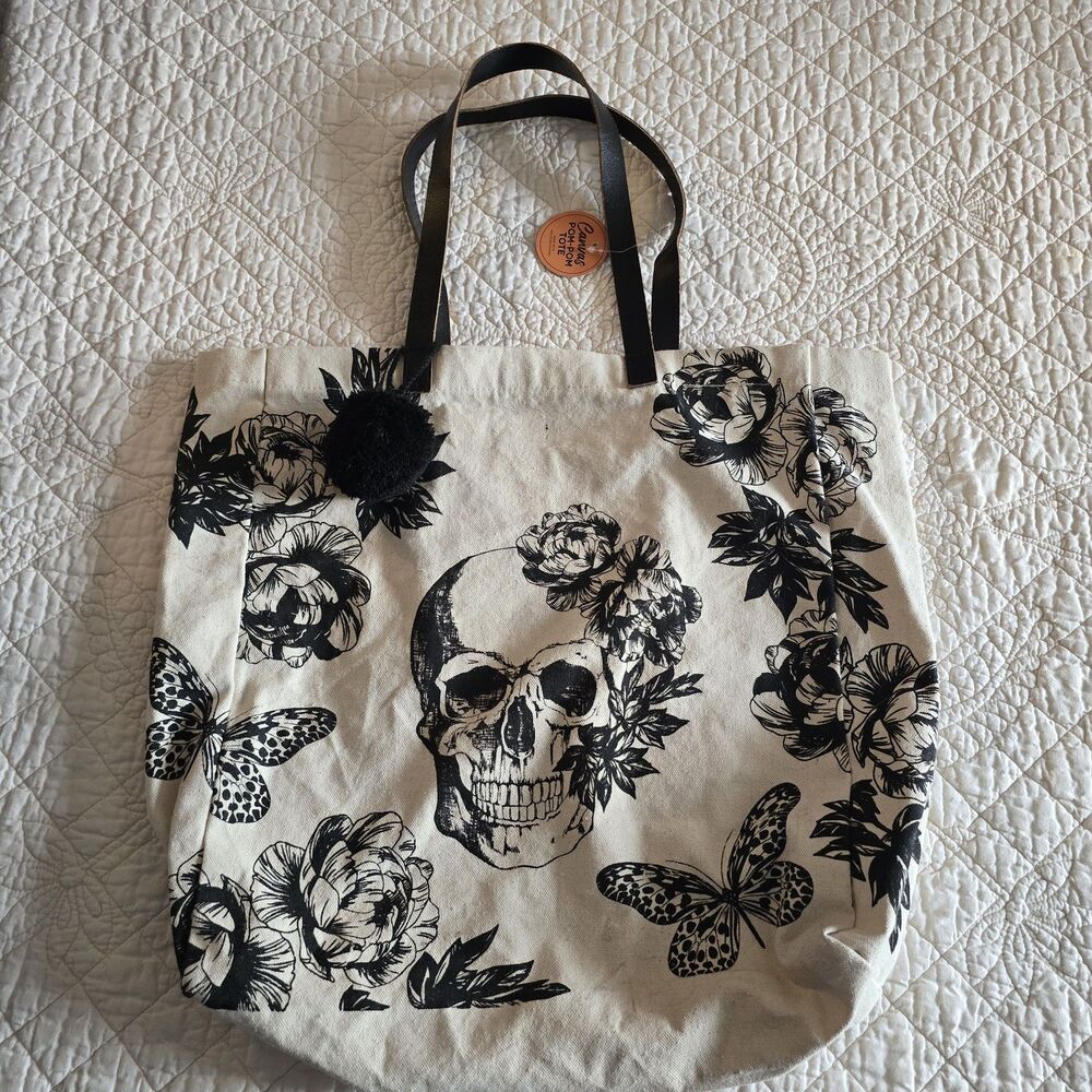 Eccolo Canvas Skull Tote Bag Cream & Black Leather Straps